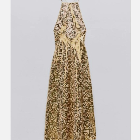 ZARA  FOIL ANIMAL PRINT MIDI HALTER OPEN BACK GOLD DRESS - Picture 9 of 16